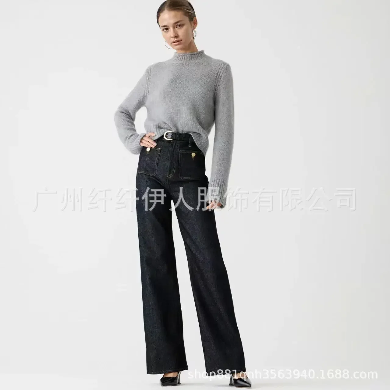 Women's Jeans Denim Pants Clothing New Loose Wide Leg Casual Bleached Button Slightly Flared Jeans Full Length