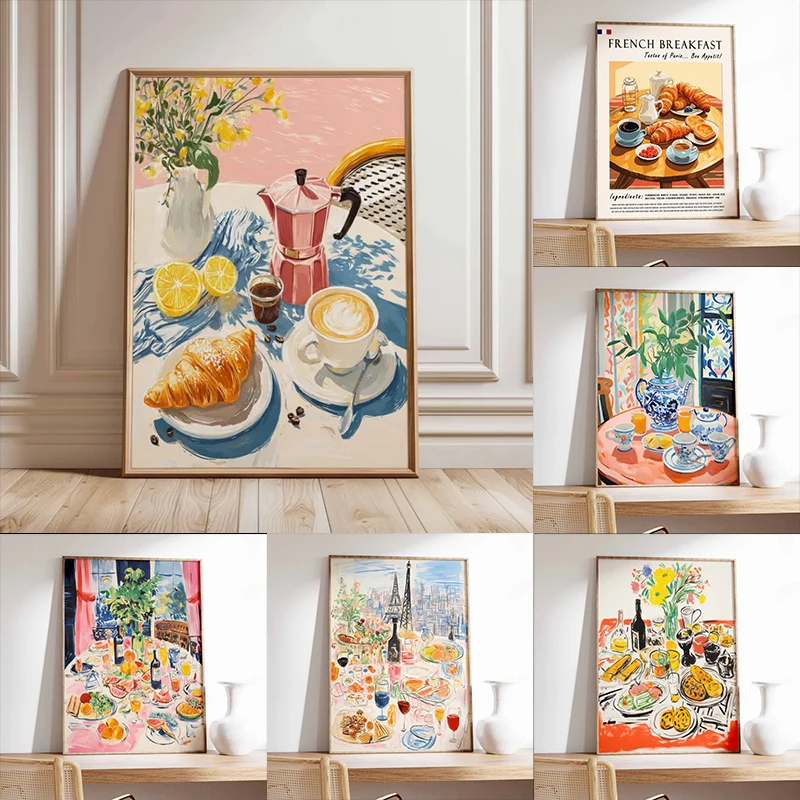Französisches Café Frühstücks-Kunstdruck, Kaffee- und Croissant-Wandkunst für die Küche, Vintage Espresso-Poster, Sonnige Morgen-Dekoration für das Esszimmer