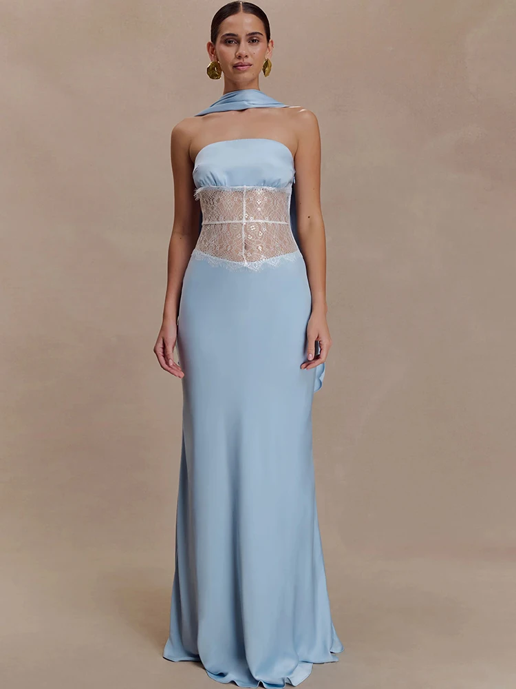 فستان JULISSA MO مثير بدون حمالات من الدانتيل الشفاف للنساء بدون ظهر وياقة وشاح فستان شتوي نحيف أنيق للحفلات المسائية