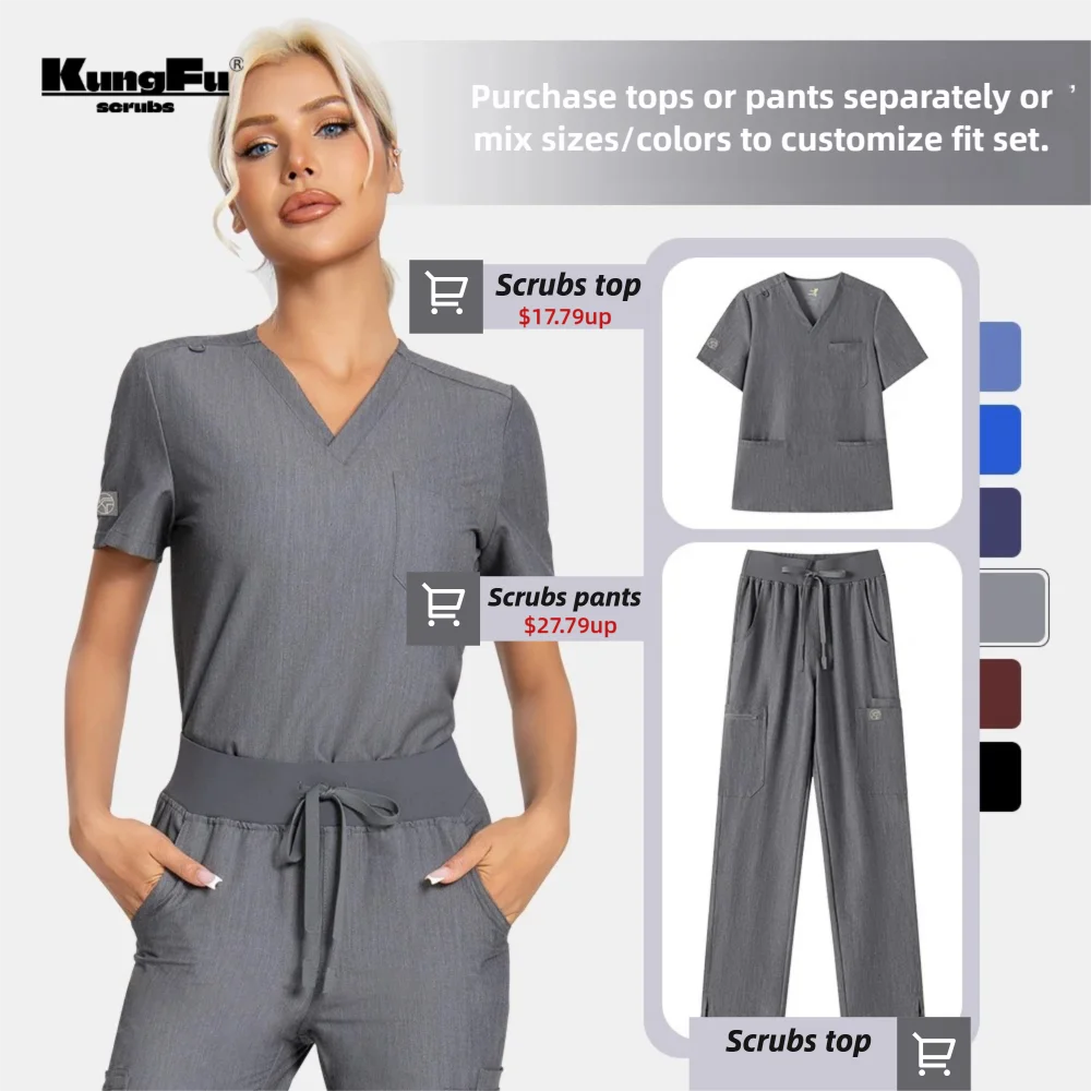 KUNGFU SCRUBS Donna Infermiera Scrub Uniforme medica Top Antibatterico Morbido Antirughe Impermeabile T-shirt Pantaloni a matita