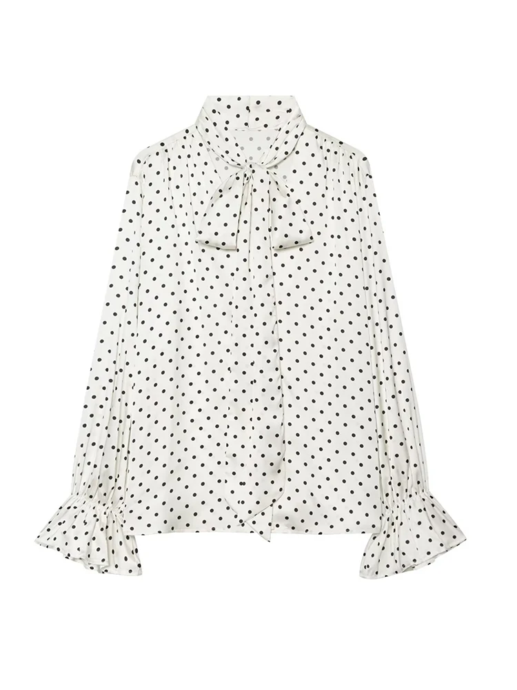HH Women Spring Summer Casual White Black Polka Dot Blouse Bow Tie Neck Flare Cuffs Long Sleeve For Work Office Daily Wear