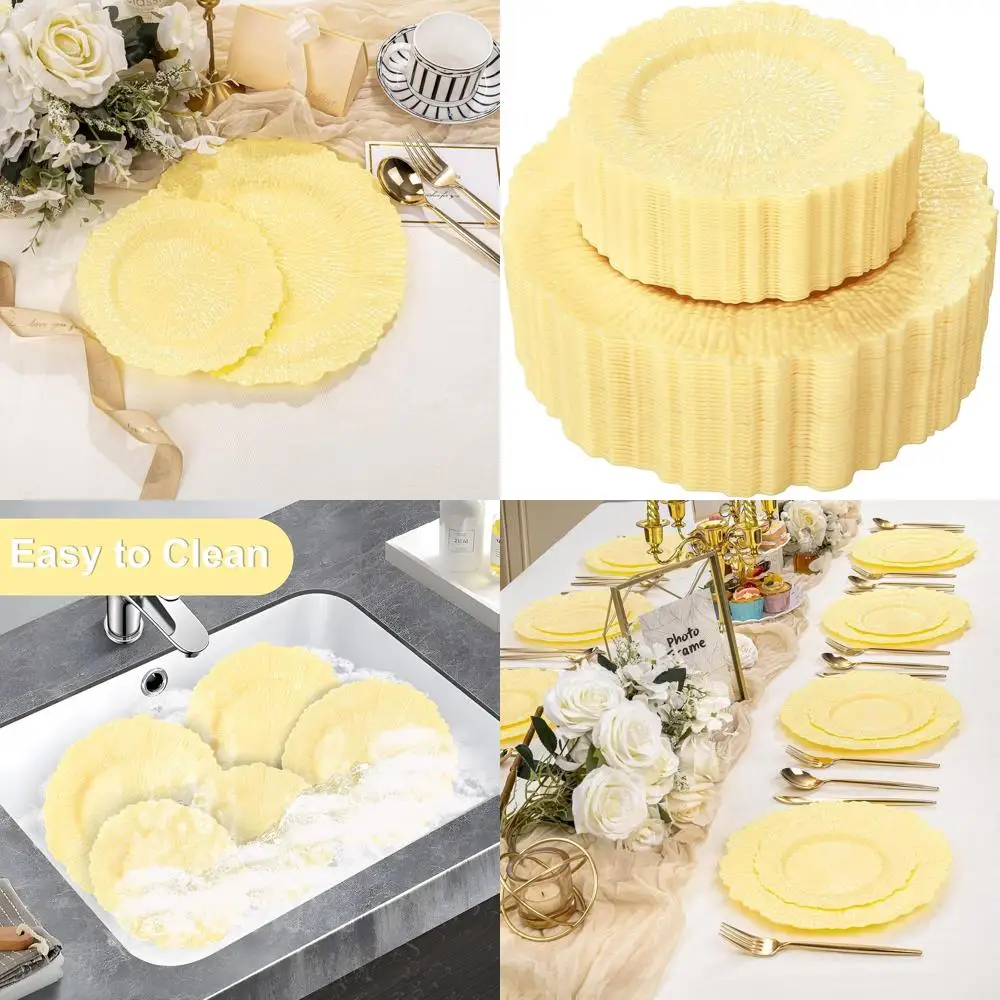 

60 Pack Yellow Disposable Plates - 10 Dinner Plates & 7 Dessert Plates, Heavy Duty for Parties & Picnics