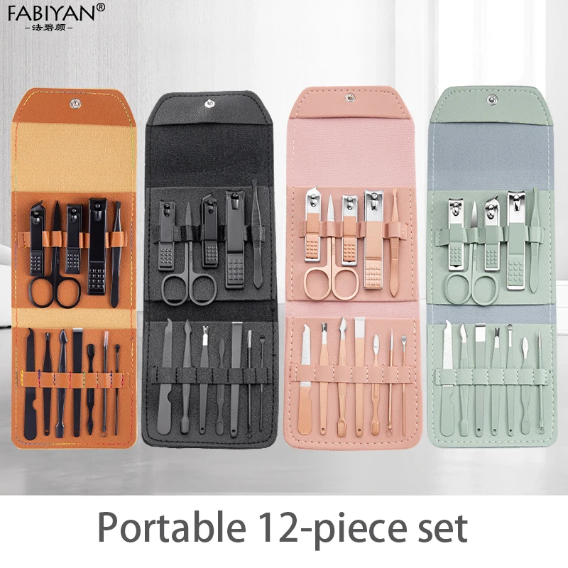 12Pcs Nail Clippers Manicure Set Nail Scissors Cuticle Nipper Trimmer Tweezers Pedicure Manicure Tools Kit  Wth PU Leather Case