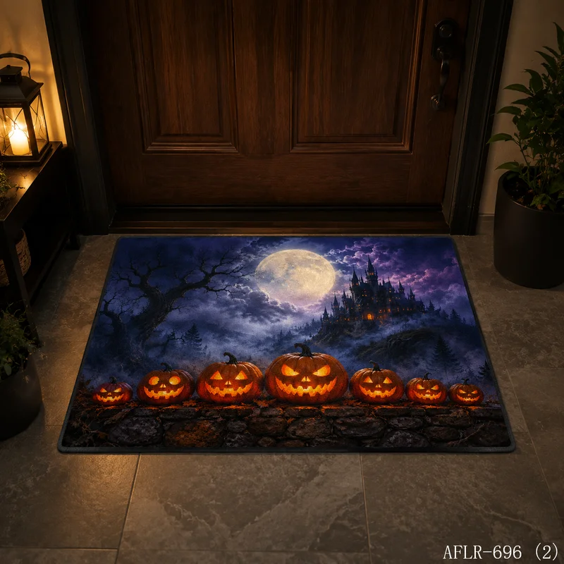 VIKAMA Spooky Glow-in-the-Dark Pumpkin Doormat, Non-Slip and Easy-to-Clean Welcome Mat, Halloween Indoor/Outdoor Entryway Rug