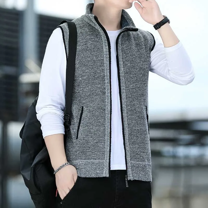 

Men‘s Sweater Vest Solid Knit Sweaters Sleeveless Jackets Knitted Cardigan Zip Coat Turtleneck Fleece Warm Homme Clothes