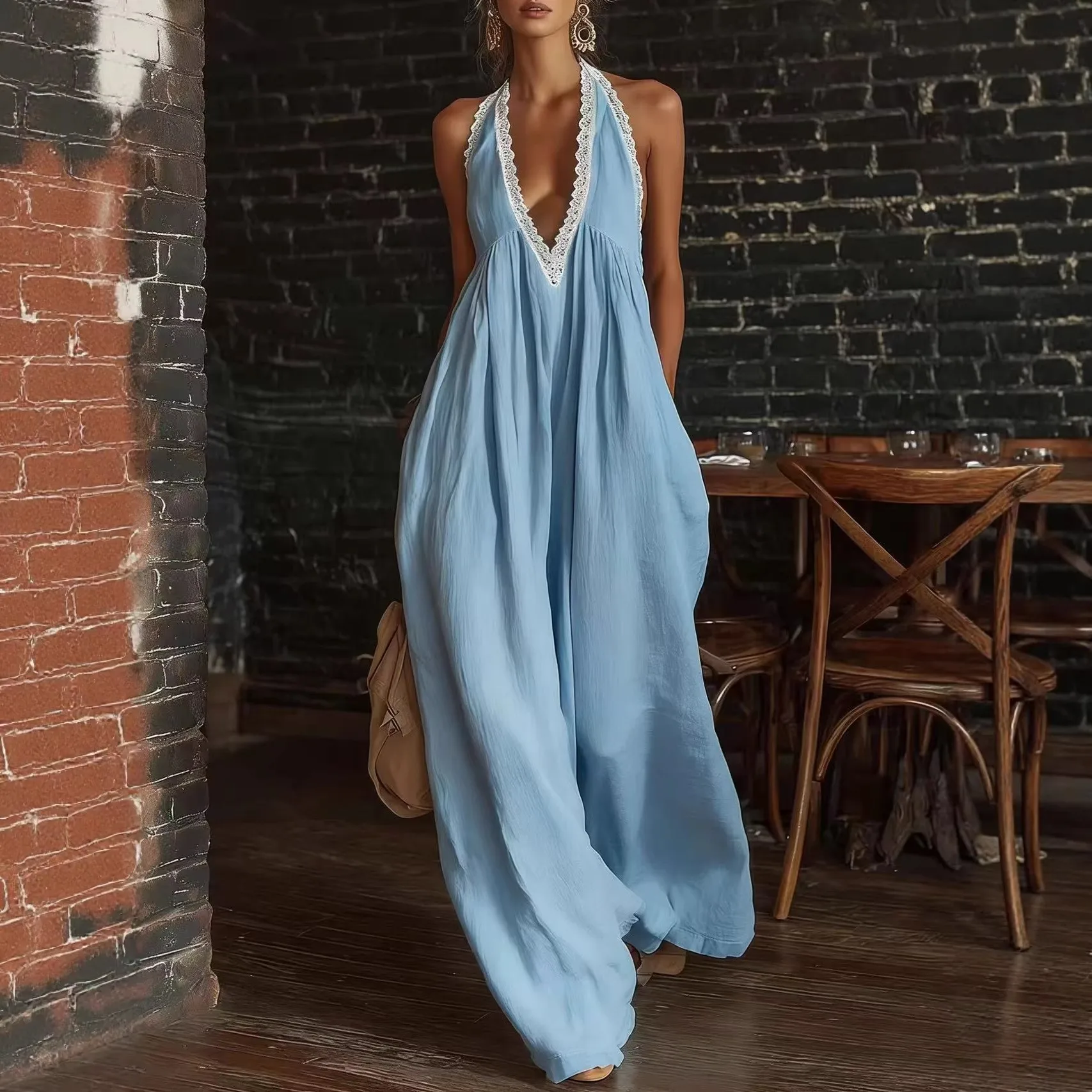 Women's And Elegance Women Linen Cotton Sleeveless Wide Leg Loose Fit Jumpsuit with Lace Trim Mid Waist Long Pants Pullover