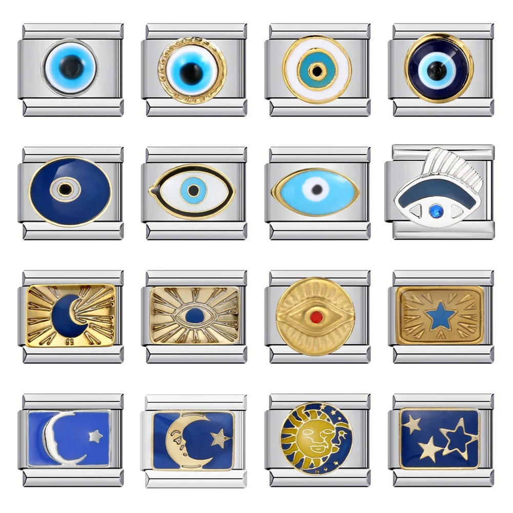 2025 Fashion New Blue Glaze Eye Sun Moon Star Charm Italian Links Fit 9mm Stainless Steel Bracelet Making DIY Jewelry