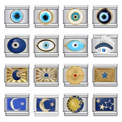 2025 Fashion New Blue Glaze Eye Sun Moon Star Charm Italian Links Fit 9mm Stainless Steel Bracelet Making DIY Jewelry