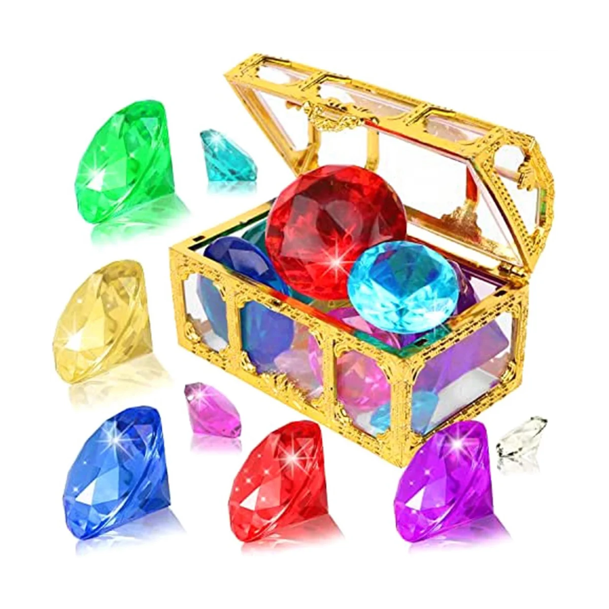 

Diving Gem Pool Toys Colorful Diamond Gem with Treasure Pirate Chest Box Summer Underwater Gemstones Set