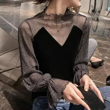 여성용 M-4XL 벨벳 블라우스, 용수철 패치워크 디자인, 시크한 플레어 슬리브, 우아한 레트로 블라우스, 한국 상의, 아늑한 쉬어 섹시 숙녀