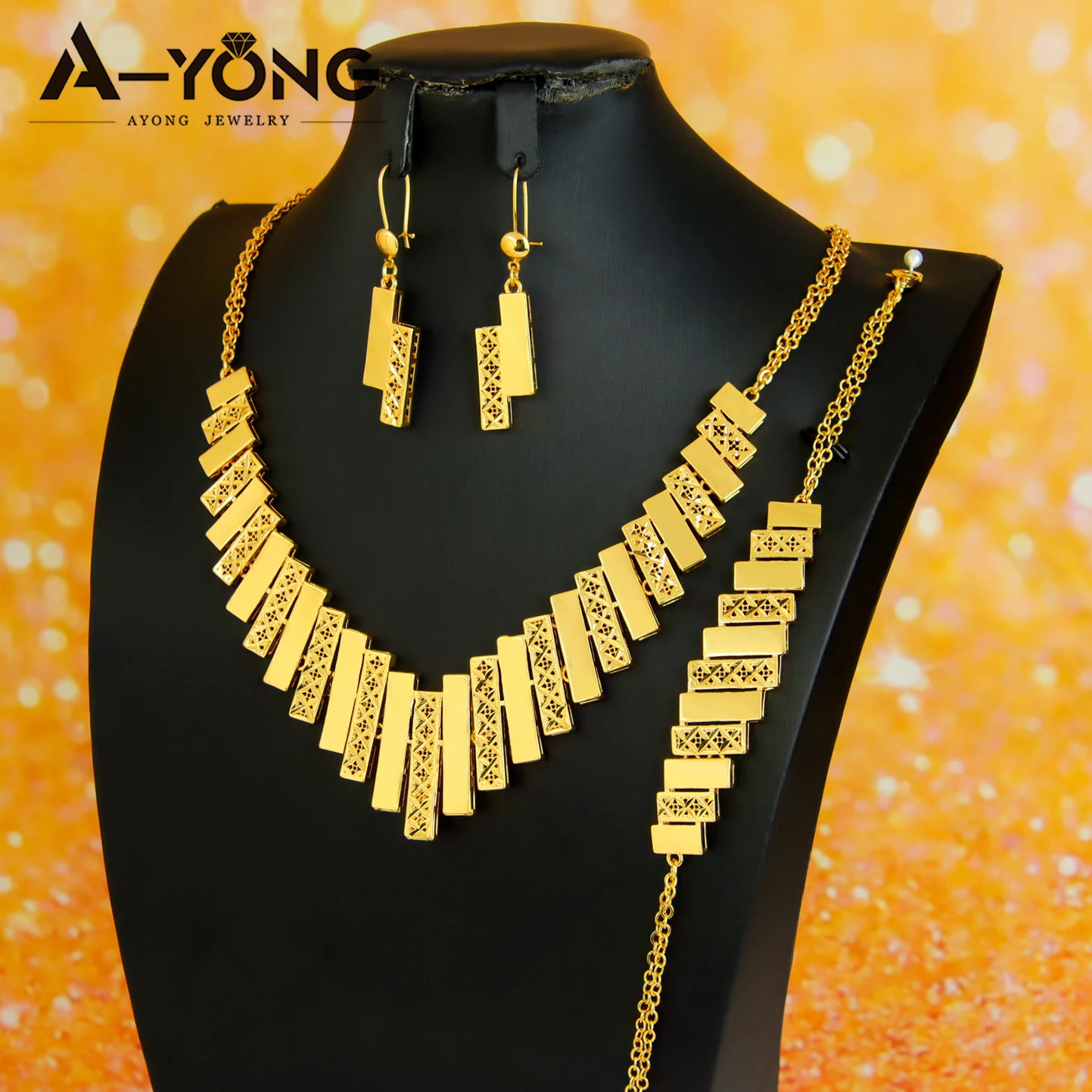 Dubai Mode-Schmuckset 24k Vergoldet Arabisches Unregelmäßiges Geometrisches Halsketten-Armband-Ohrringe-Set Nahost Damen Vintage-Schmuck – Detail 3