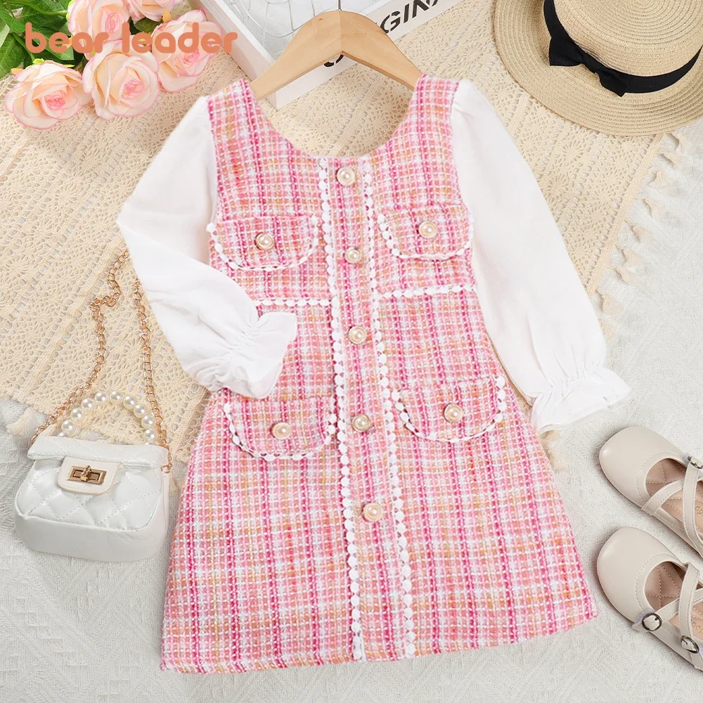 New Round Neck Plaid Lace Button Long Sleeved Dress for Girls, Fashionable Patch Dress for Girls