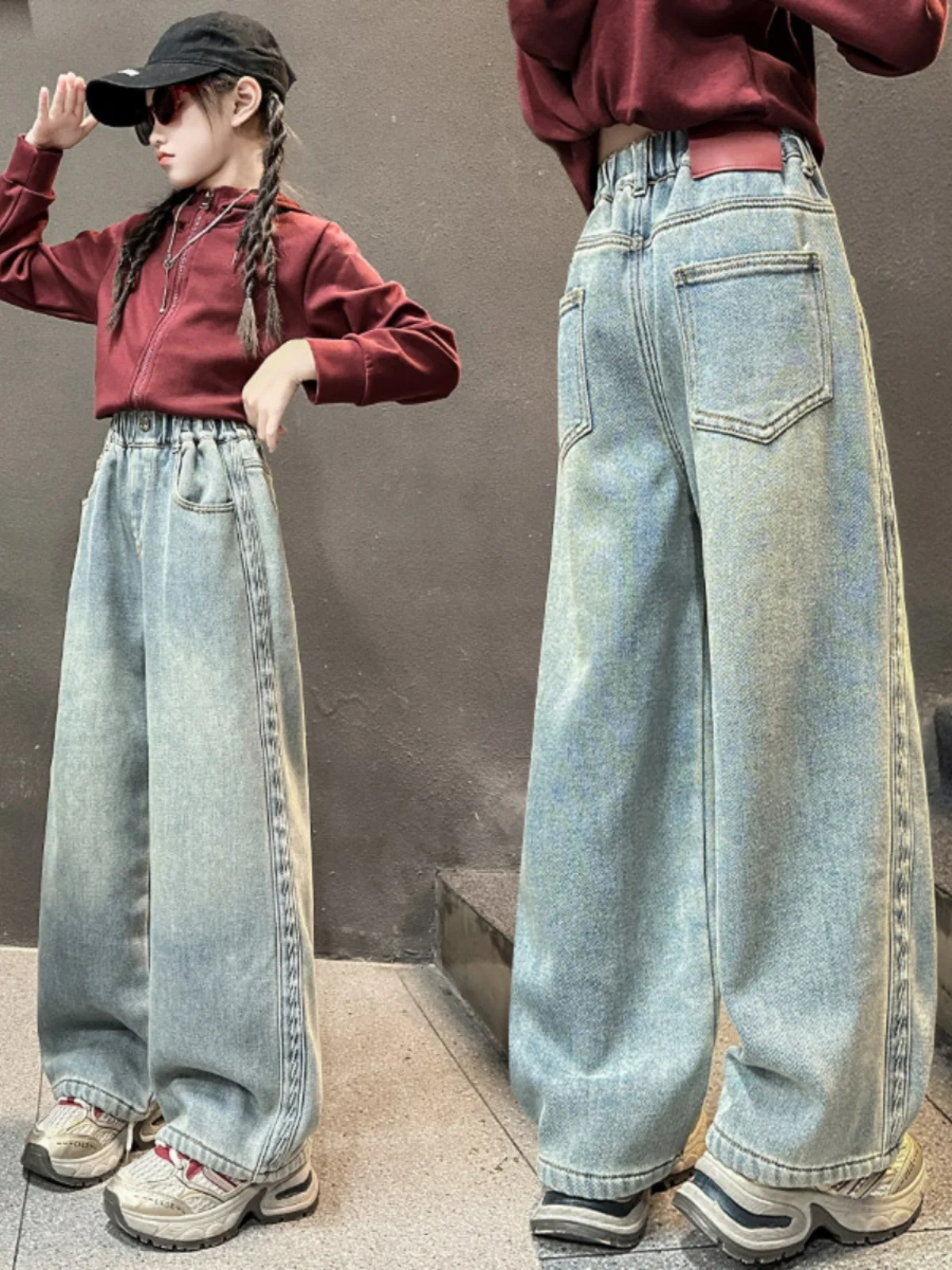 

Loose Wide Leg Jeans Casual High Waist Long Pants for Middle School Students Straight Cut Blue Jeans Girls Elementary School