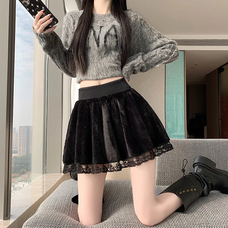 Kawaii Zoete Ruches Rok Vrouwen 2023 Herfst Winter Y2k Harajuku Kant Patchwork Pluche Korte Rok Japanse Mini Faldas Gothic Nieuwe