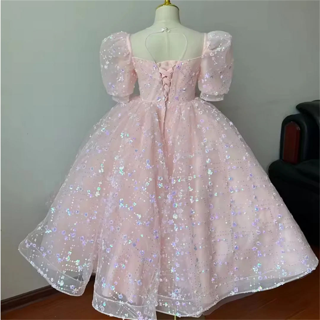 Pink Flower Girl Dresses for Wedding Sequins Beaded Tea Length Girl Kids Birthday Party First Holy Communion Gowns