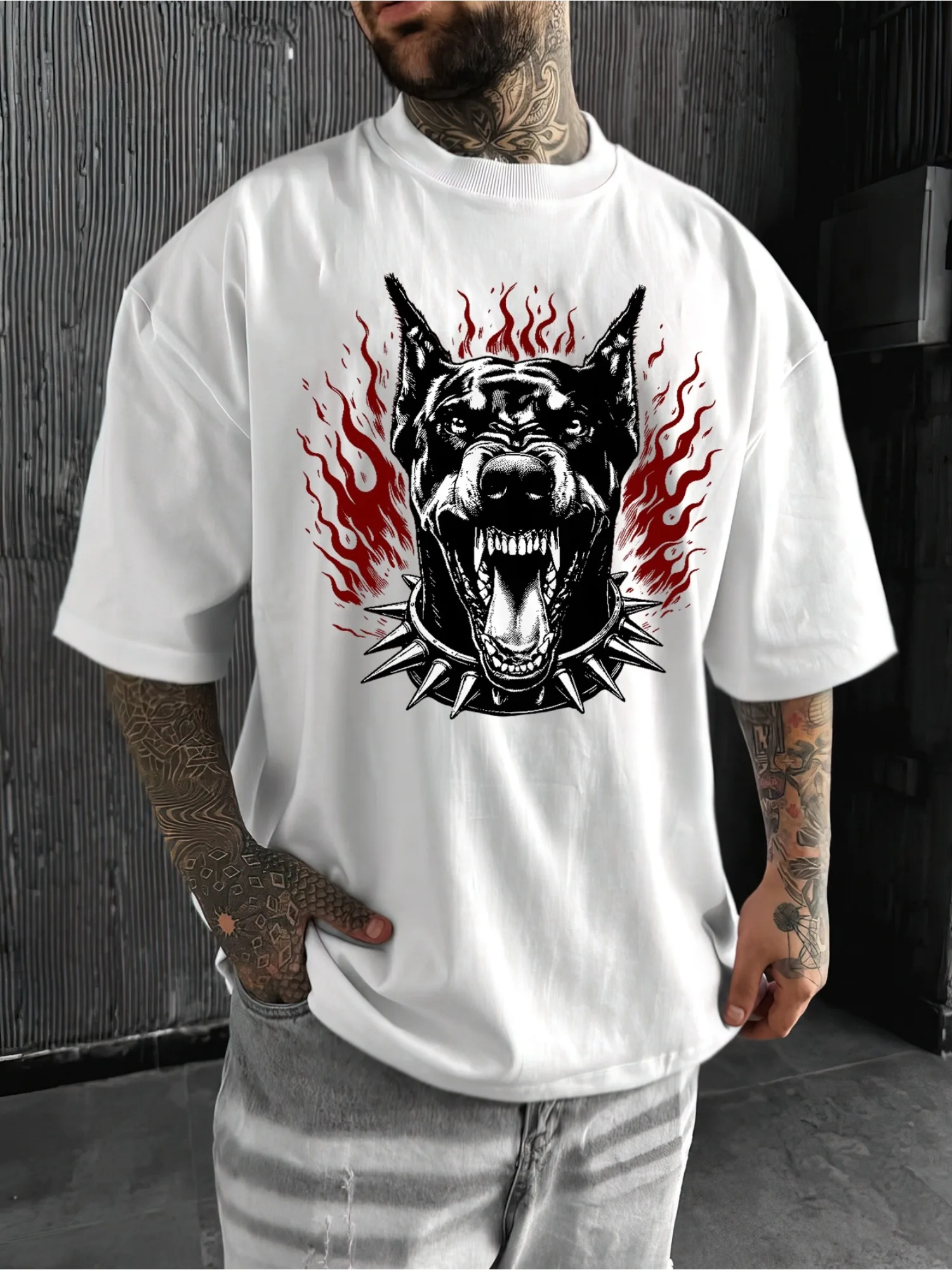 Men Women T-Shirt Angry Doberman Flames Graphic Tee Short Sleeve Cotton Gothic Streetwear Urban Casual Oversized Tops
