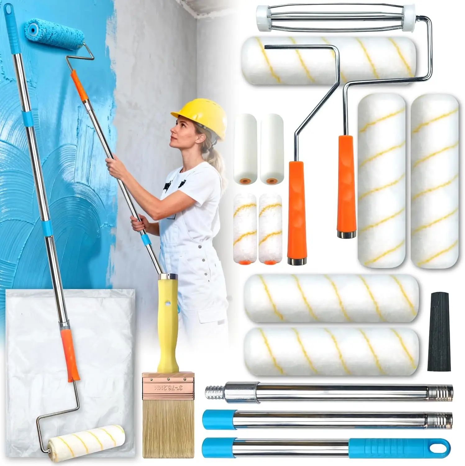 

Набор для покраски из 16 предметов: валики 9 и 4 дюйма, штанга-удлинитель 1,5 м, рамки, кисть, защитное покрытие для стен