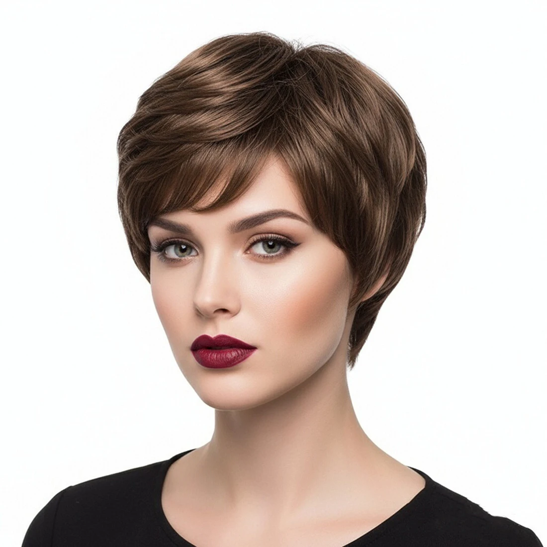 

Synthetic Hair Brown Wig with Bangs Natural Short Curly Wig for White Woman High Temperature Ombre Mommy Wig for Daily Wear