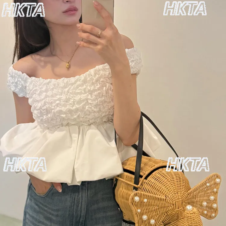 Japanese Pleated One-word Collar Off-the-shoulder Short-sleeved T-shirt Top Women Lotus Leaf Short Black Tshirt with Chest Pad