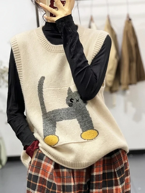 Authentic 2026 Autumn Cartoon Embroidered Knitted Vest Women's Vest plus Size Women's Top College Style round Neck Regular Le...