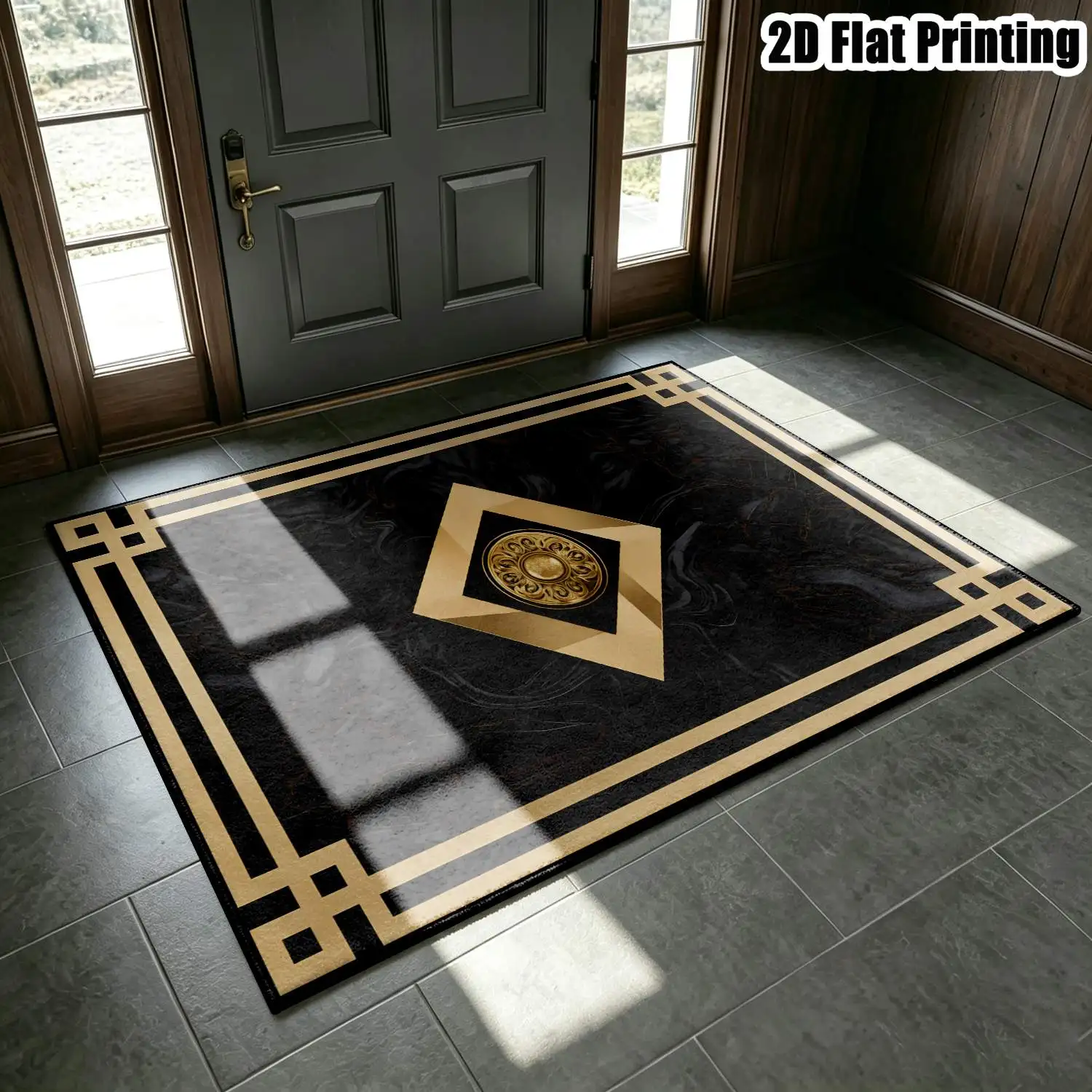 1Pc 2D Printed Carpet: Black & Gold Geometric Relief Patterns, European/Modern Minimalist/Instagram/Vintage Style, Home Decor, Multi-Size, Machine Washable, for Entryway, Dining Room, Living Room, Bedroom