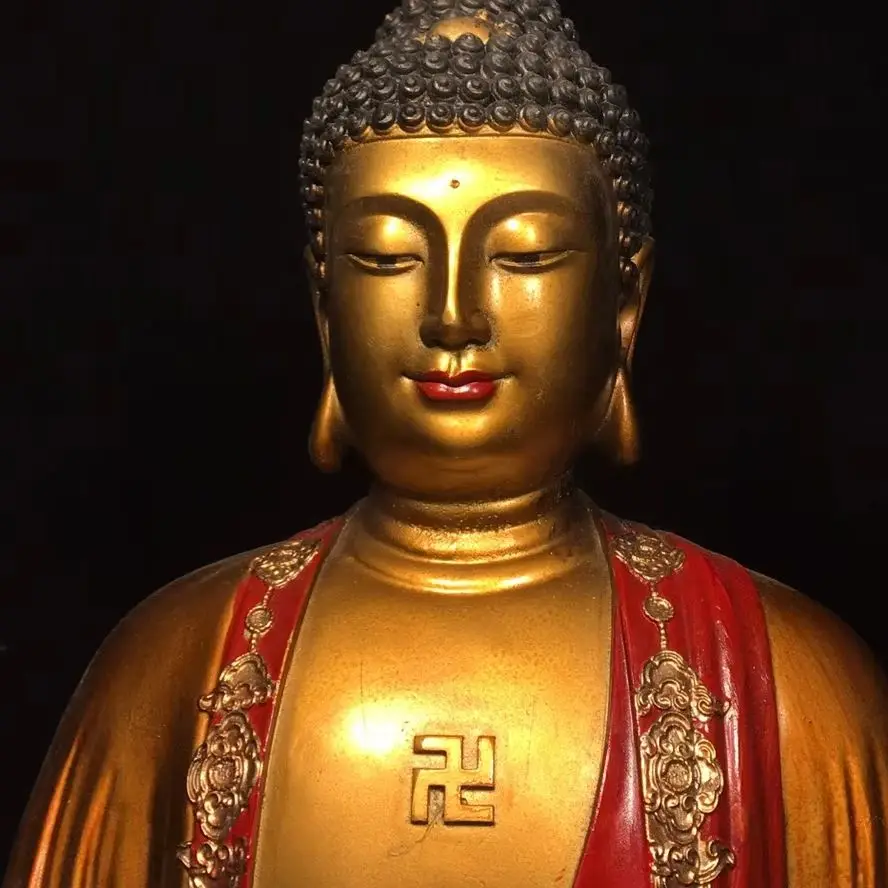 

16"Xizang Folk Collection Old Bronze Painted Shakyamuni Double Lotus Terrace Sitting Buddha Worship Hall Town house Exorcism