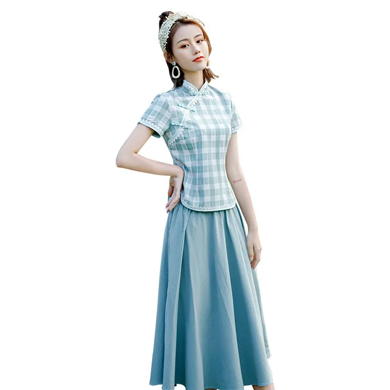 Faionable Retro Cotton  Set Girl's Improved Hanfu Dr Two-Piece Suit Summer 2025 New Arrival Ladies' Clothing