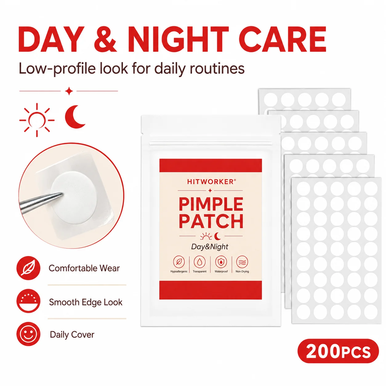 200PCS Clear-Look Pimple Patches, Day & Night Transparent Patches for Everyday Beauty Care