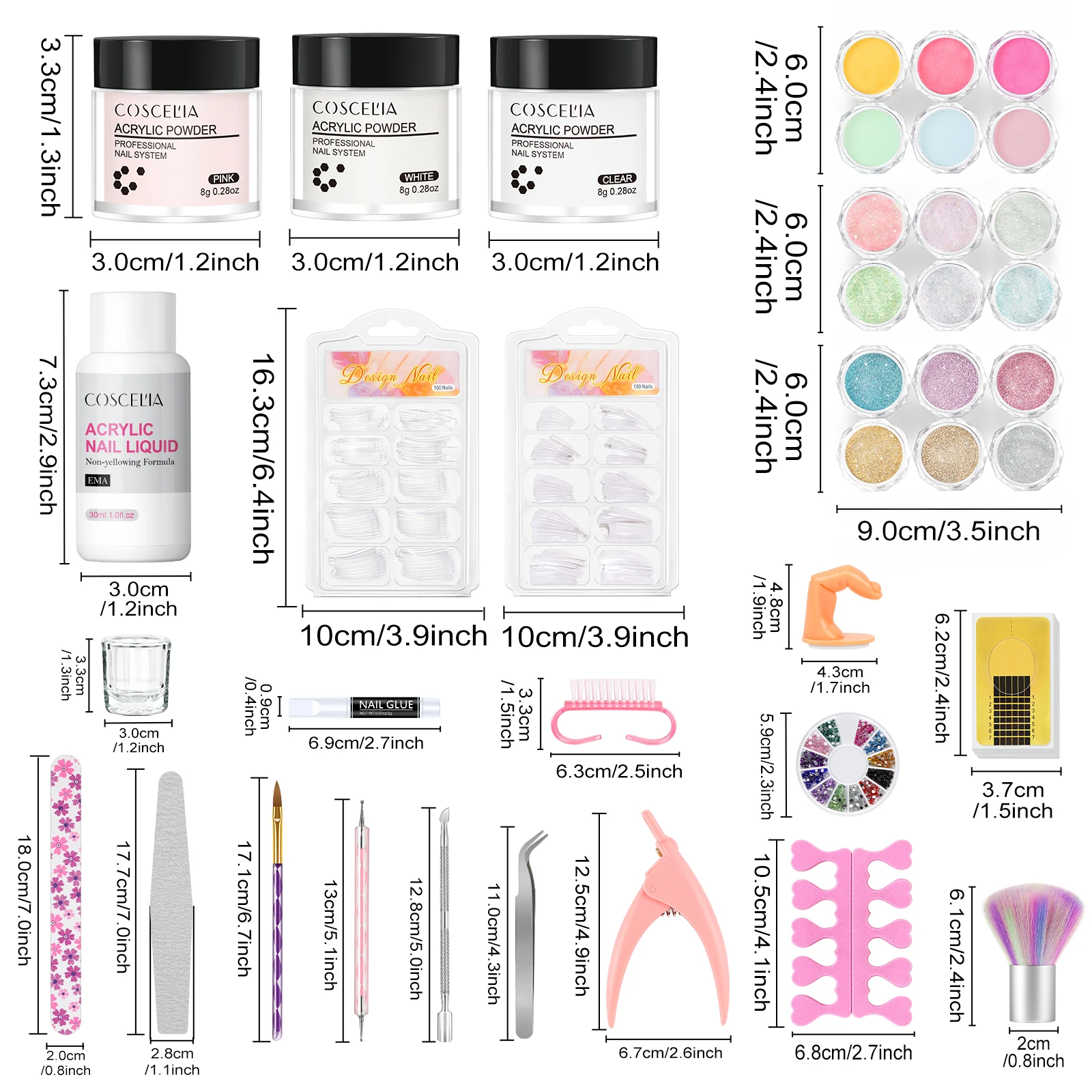 Coscelia 30Ml Acryl Liquid Kit Met 3 Stuks 8G Acryl Poeder Nail Art Puntpen En 3 Stuks 2G Lijm Nail Art Tools