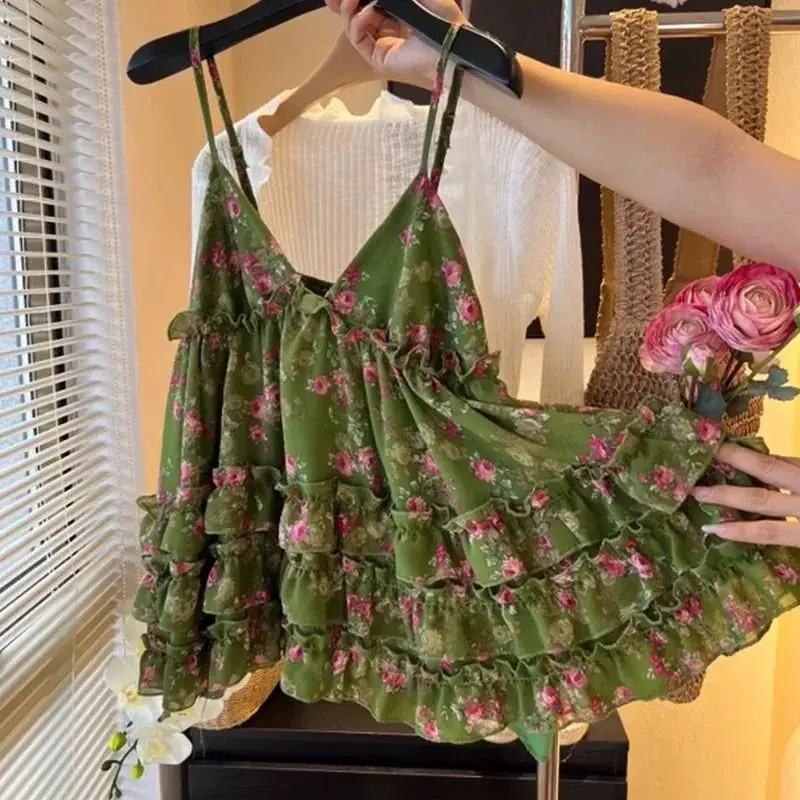 Französisches Süßes Blumen-Rüschen-Trägertop für den Urlaub, Elegantes Y2k Vintage-Trägertop für Damen, Figurbetonte Urlaubskleidung für Frühling und Sommer