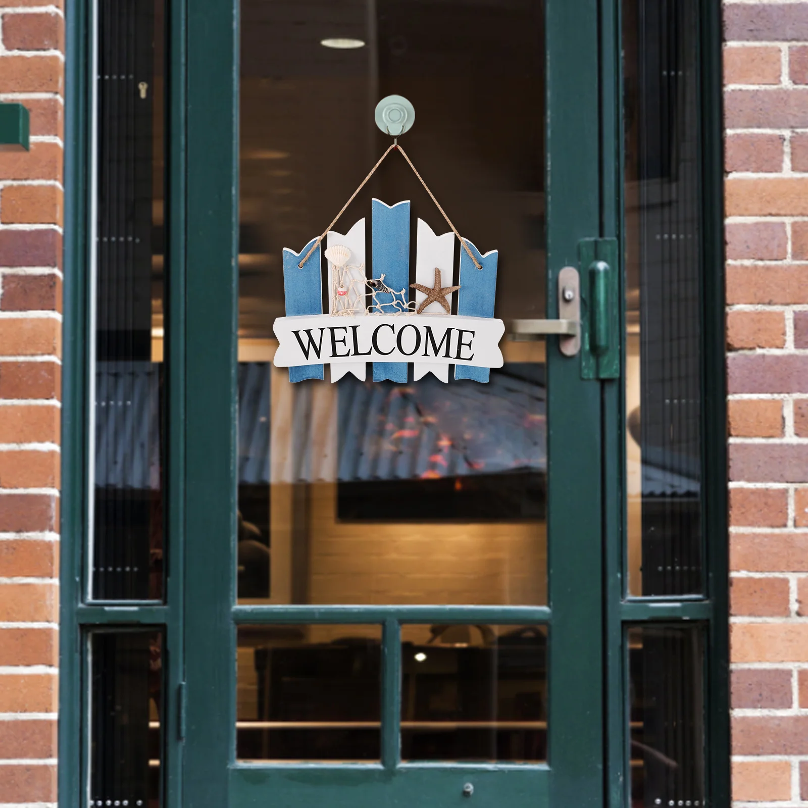 

Wooden Welcome Sign Blue White Faded Effect Mediterranean Style Nautical Wall Decor Beach Theme Fishing Net Sea Star