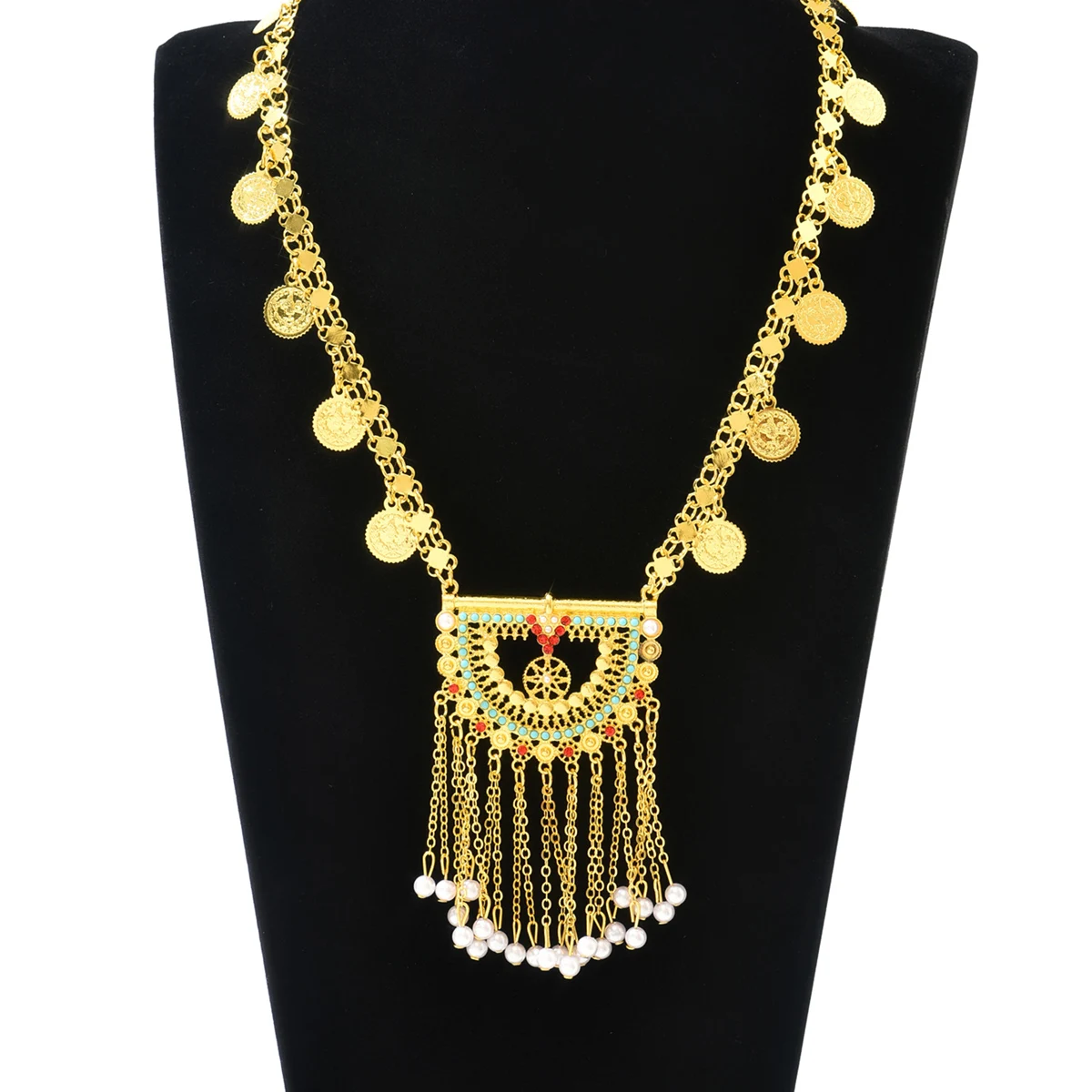 

Ethnic Alloy Gold Plated Rhinestone Coin Long Hollow Tassel Women Necklace Golden Middle East Dubai Jewelry for Wedding