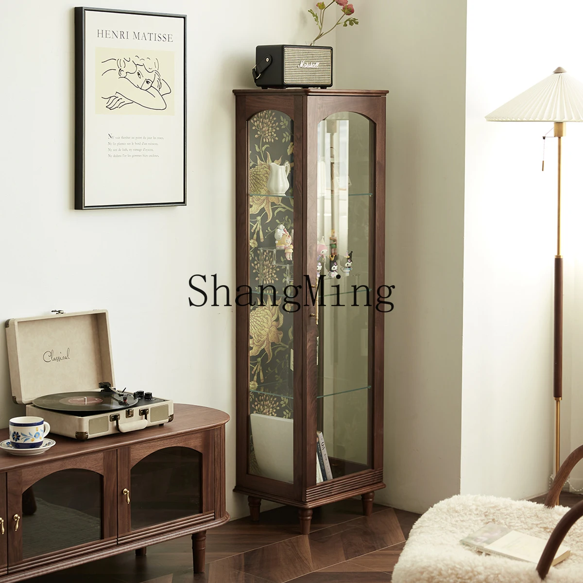 

FGPremium Exquisite retro black walnut solid wood bookcase living room glass storage cabinet