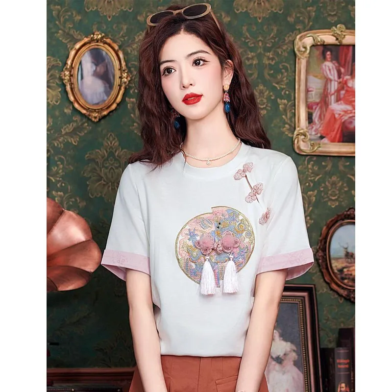 Blusa feminina de manga curta com o pescoço, camisa bordada em borla, tops de moda verão, 2022, H738