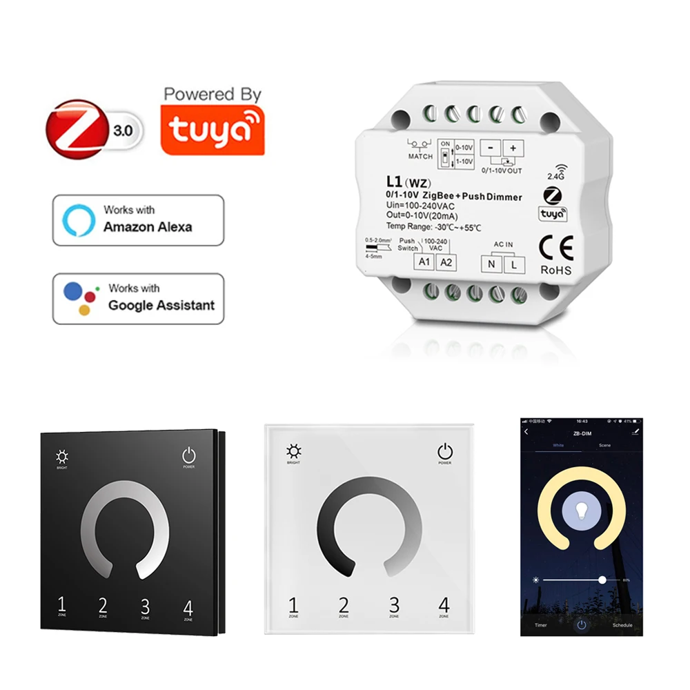 0/1-10V Tuya Zigbee 3.0 Smart AC Push LED Dimmer Switch Module 110V 220V APP Voice Control Wall Mounted Touch Remote for Alexa