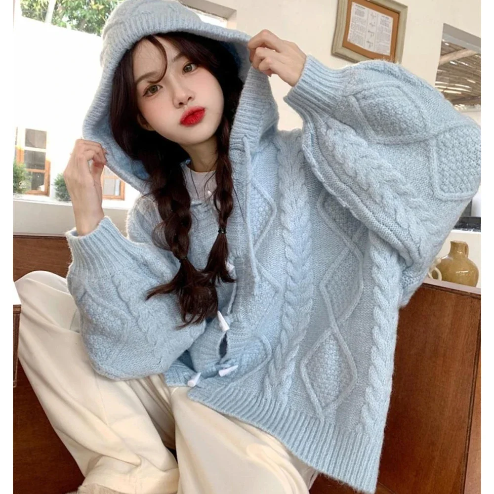 Autumn Winter Casual Hooded Sweater Cardigan for Women Loose Knit Bull Horn Button Coats Lady Daily Joker Solid Jackets Knitwear
