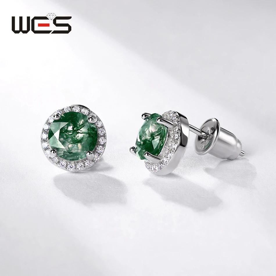 

WES 925 Sterling Silver Stud Earrings For Woman Natural Moss Agate 6.5*6.5mm Gemstone Party Wedding Gifts Certified Fine Jewelry