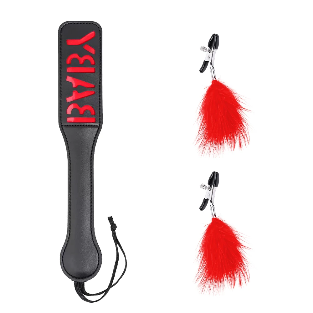 مجموعة عبودية 2 قطعة BDSM مجموعة الردف مجداف ريشة الحلمة المشابك الأسود والأحمر والوردي الألوان XOXO المجاذيف للعب الجنس الكبار