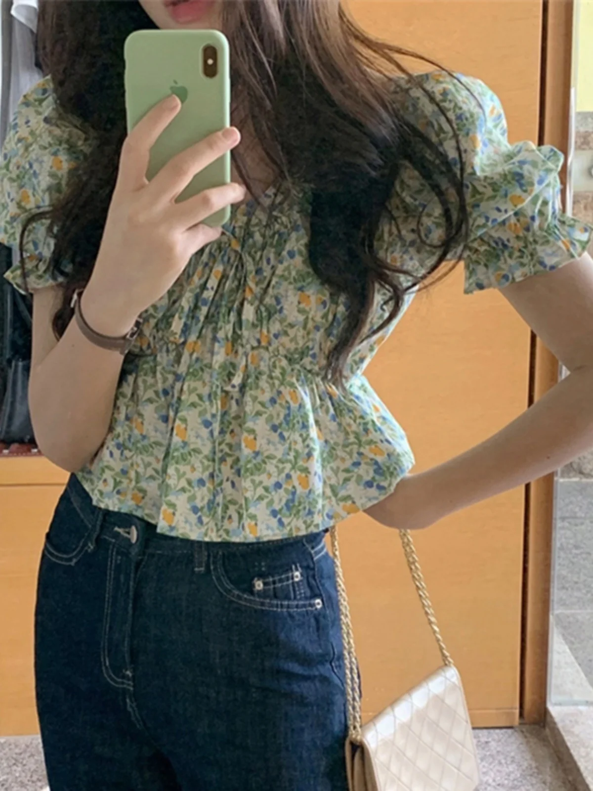 Csa de manga corta con estampado Floral de estilo fresco para mujer, Top con cinturón y cintura ceñida, csa de verano d...