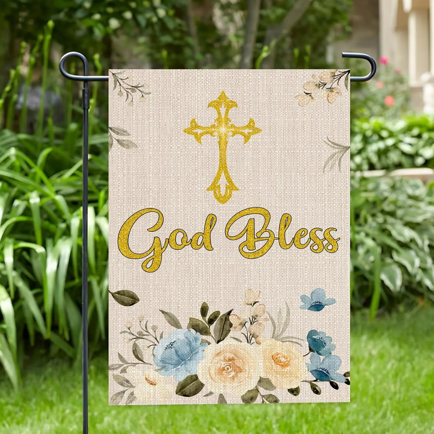 Gold God Bless Garden Flag - Cross First Communion Baptism Baby Shower Garden Flag - 1st Holy Communion, Baby's Christenings