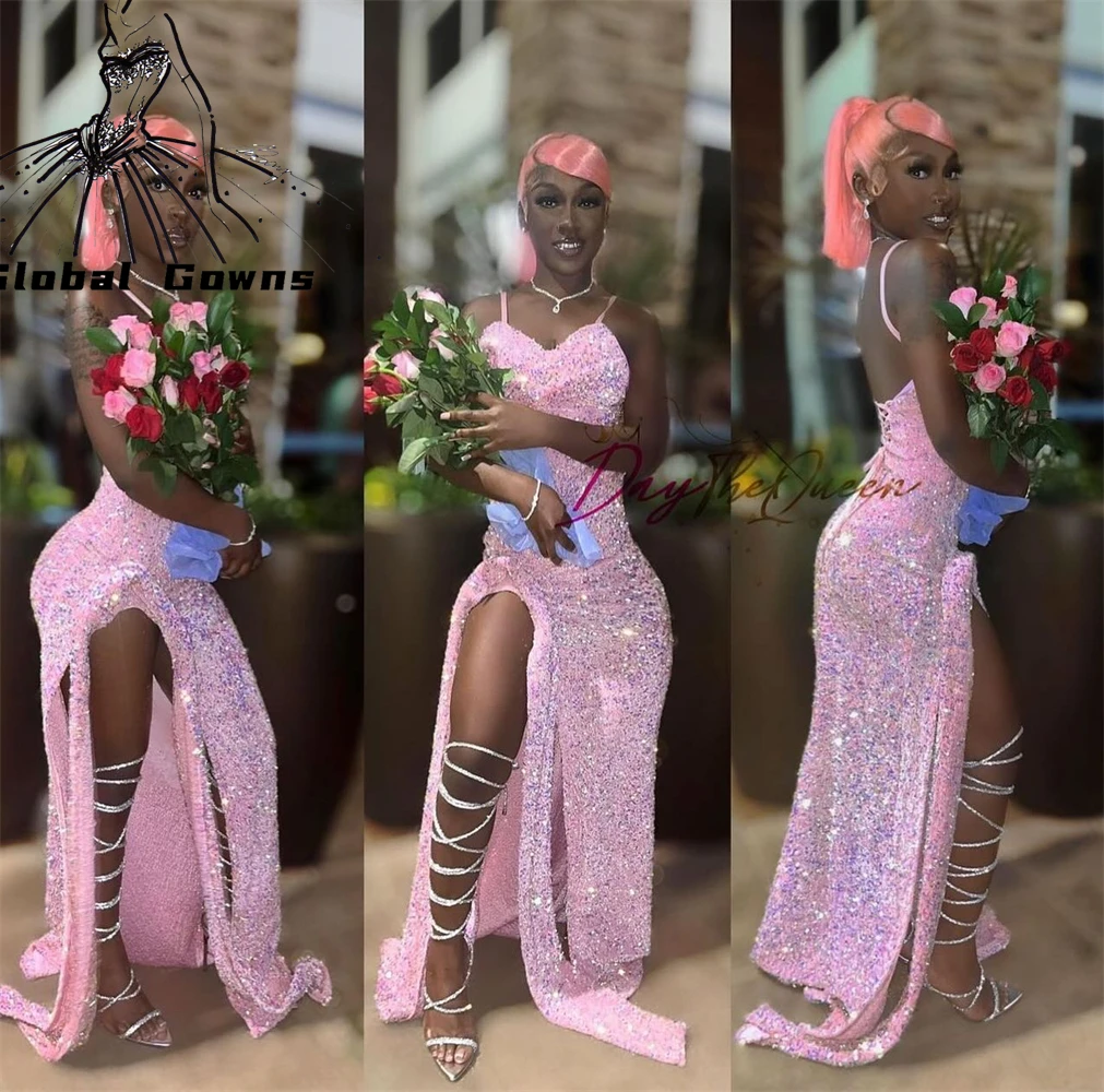 

Sparkly Pink Sweetheart Deal Long Prom Dress For Black Girl 2024 Sequin Birthday Party Dresses High Slit Evening Gown Customized