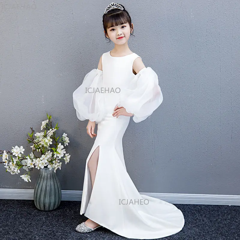 

Белое детское платье-русалка без бретелек со шлейфом, праздничный костюм принцессы, подарки на Ид, для выступлений, торжественных мероприятий и вечеринок