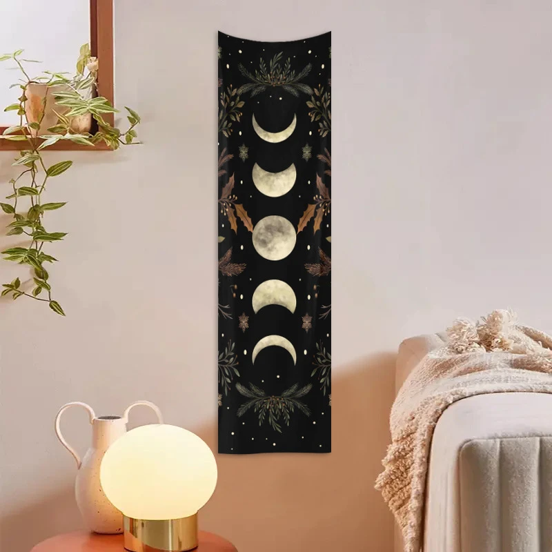 VIKAMA Vertical Bar Moon Phase Celestial Mushroom Flower Tapestry Mysterious Bohemian Wall Hanging Bedroom Dormitory Home Decor