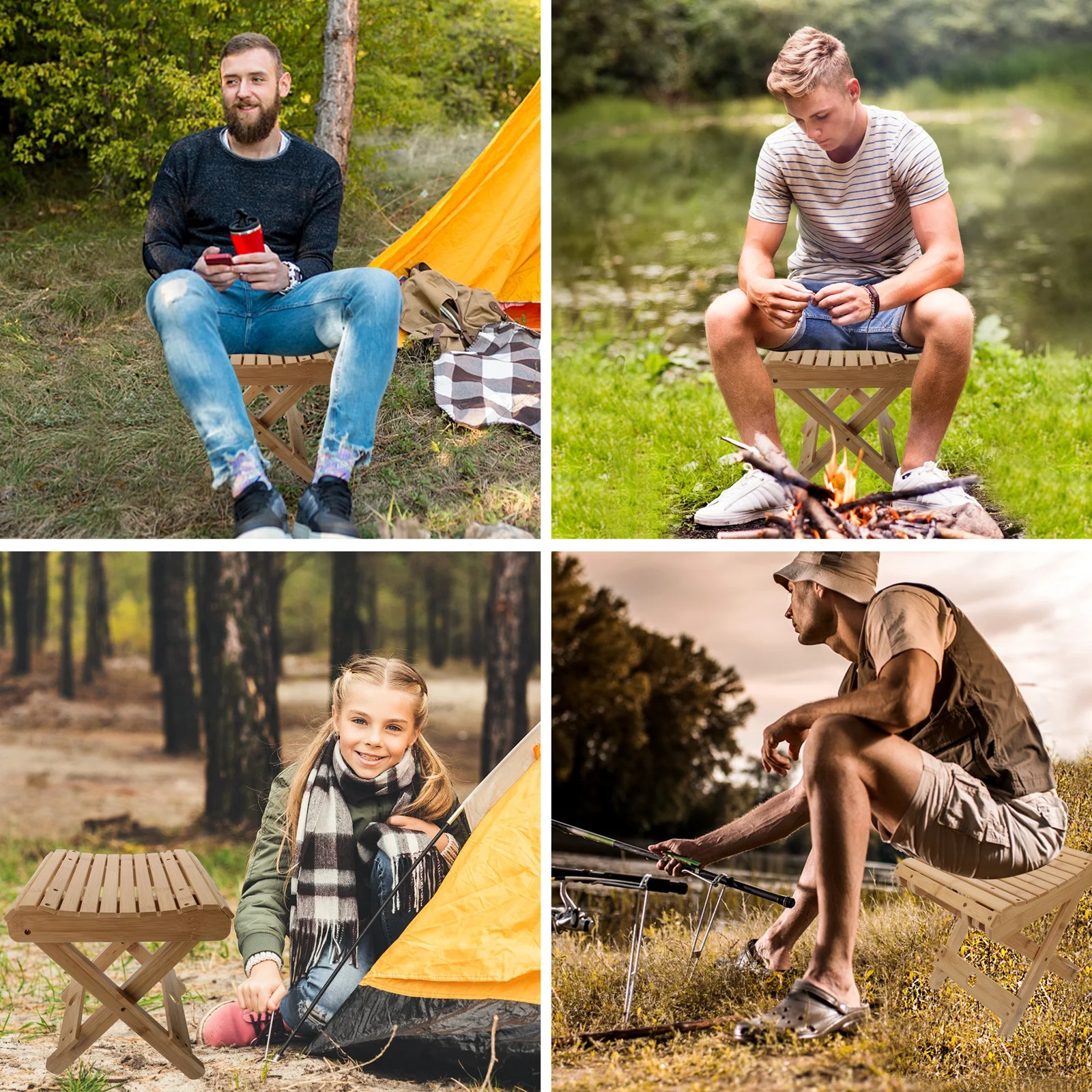 

Portable Folding Stool High Quality Bamboo Material Smooth Plate Rounded Corners Easy Carry Folding Bamboo Stool