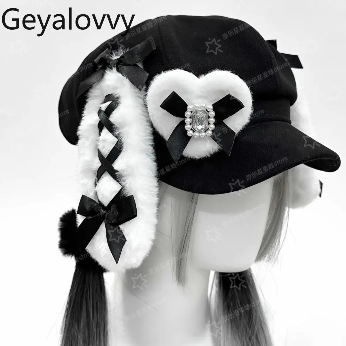 

Original Bowknot Versatile Octagonal Hat Rabbit Ear Black Versatile Cute Caps Japanese Style Mass-Produced Autumn Winter Hats