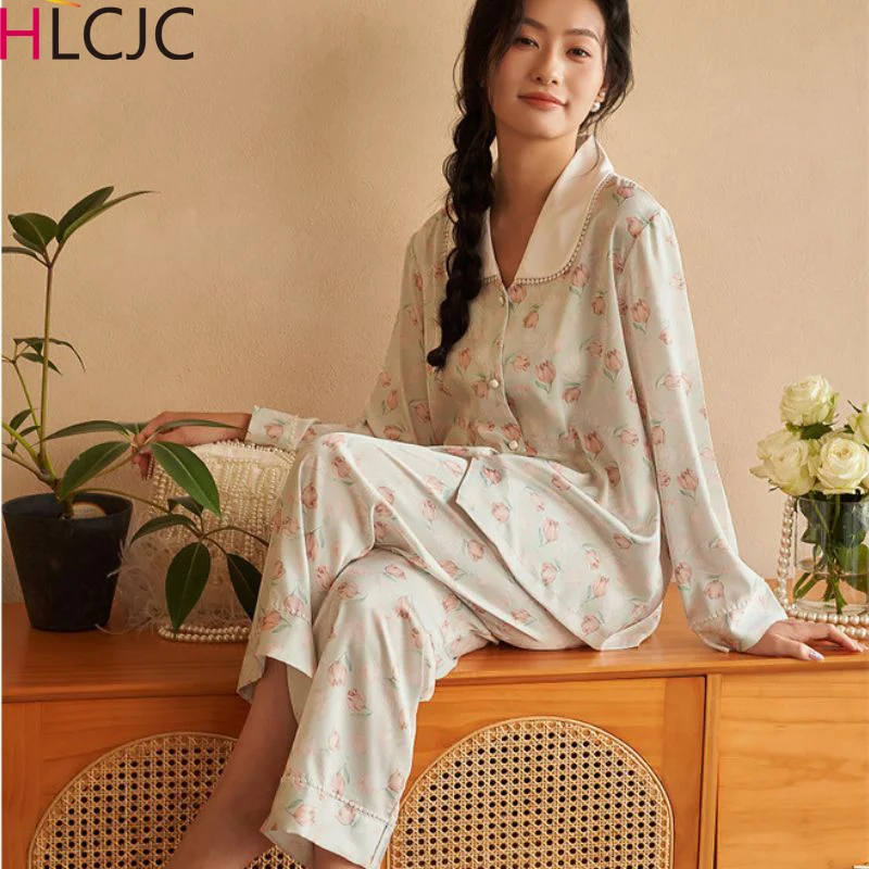 

2024 Spring Summer New Ice Silk 2 Pieces Pajamas for Women Fashion Cardigan Women's Pajamas Sweet Printing Loungewear Women Set