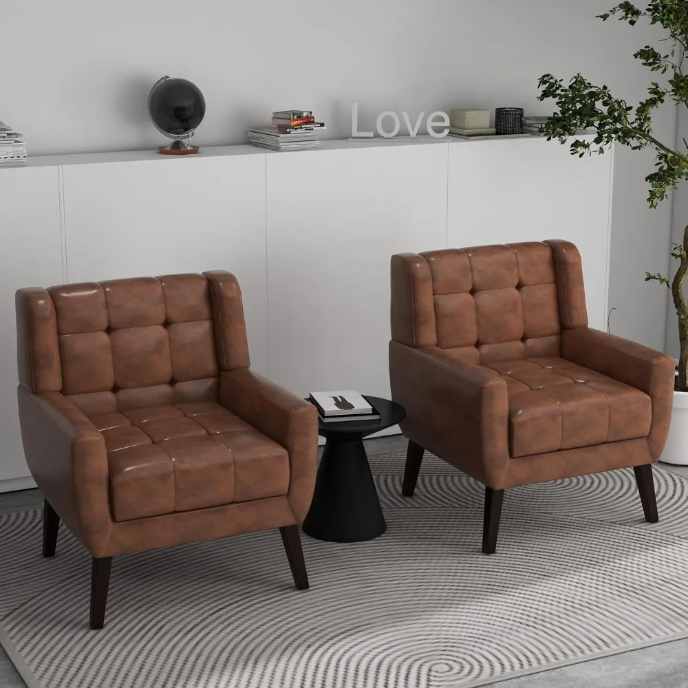 PU Leather Accent Chairs Set of 2, Modern Upholstered Club Arm Chair for Living Room, Comfy Armchair Single Sofa Seat