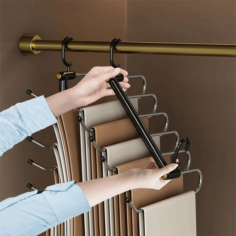 Space Saving Folding Pants Rack Non Slip Foldable L-Type Closet Organizer Stainless Steel Multi Functional 6-layer Pants Hangers