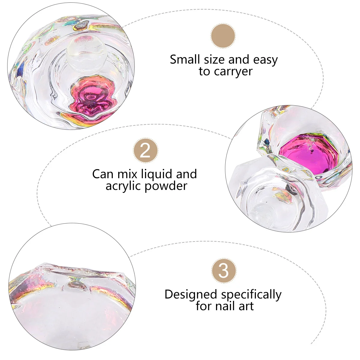 ถ้วยแก้วคริสตัลทรงแปดเหลี่ยมสำหรับผสมผงอะคริลิกและน้ำยาทำเล็บ 2 ชิ้น สำหรับใช้ในร้านเสริมสวยหรือที่บ้าน