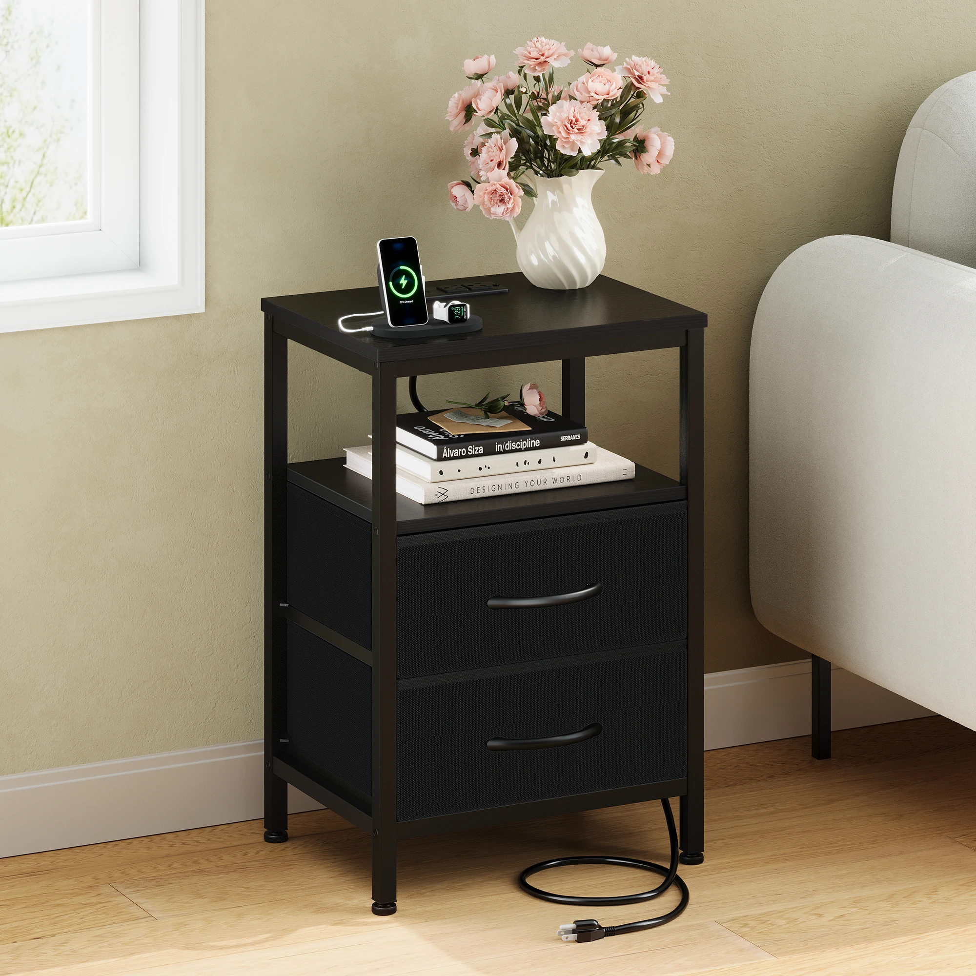 MCQ 2 Fabric Drawers Nightstand withCharging Station Cabinets Bedside End Table Storage With Open Shelf for Home Furniture